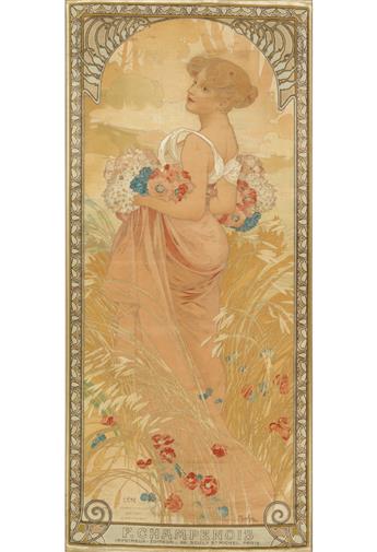 ALPHONSE MUCHA (1860-1939). [THE SEASONS.] Group of 4 decorative panels on silk. 1900. Each approximately 27x12 inches, 66x30 cm. F. Ch